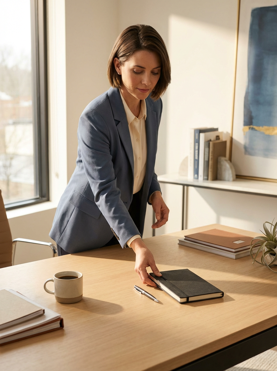 Advisor reviewing binders at a desk with coffee